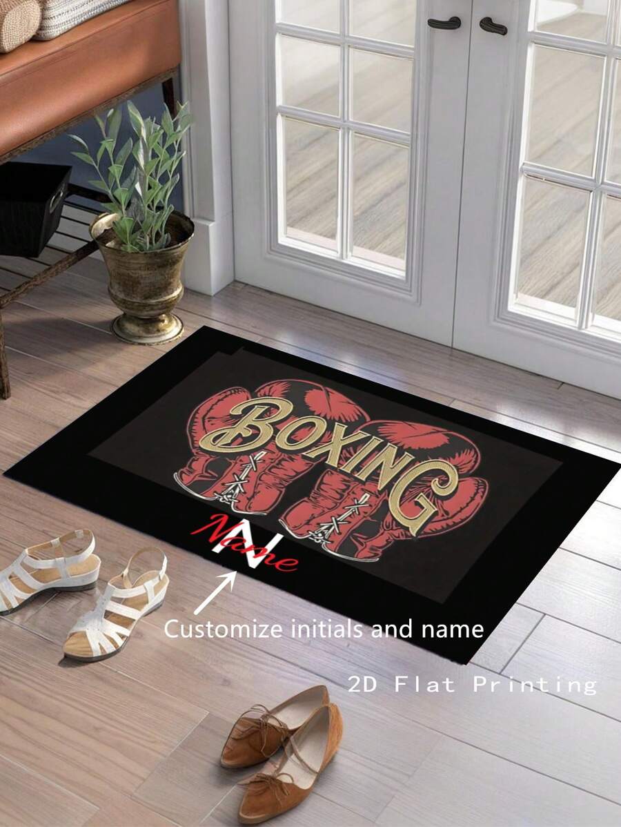 Tapete de chão personalizado com design de luva de boxe, 1 peça, personalizado com inicial e nome, adequado para entrada, sala de estar, banheiro