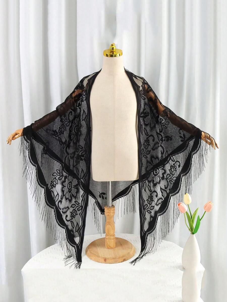 1 Peça Xale Echarpe de Renda e Franjas Novo Feminino, Lenço Triângulo Sólido Leve e Respirável, Lenço para Cabeça para Vestidos, Casamento e Madrinhas