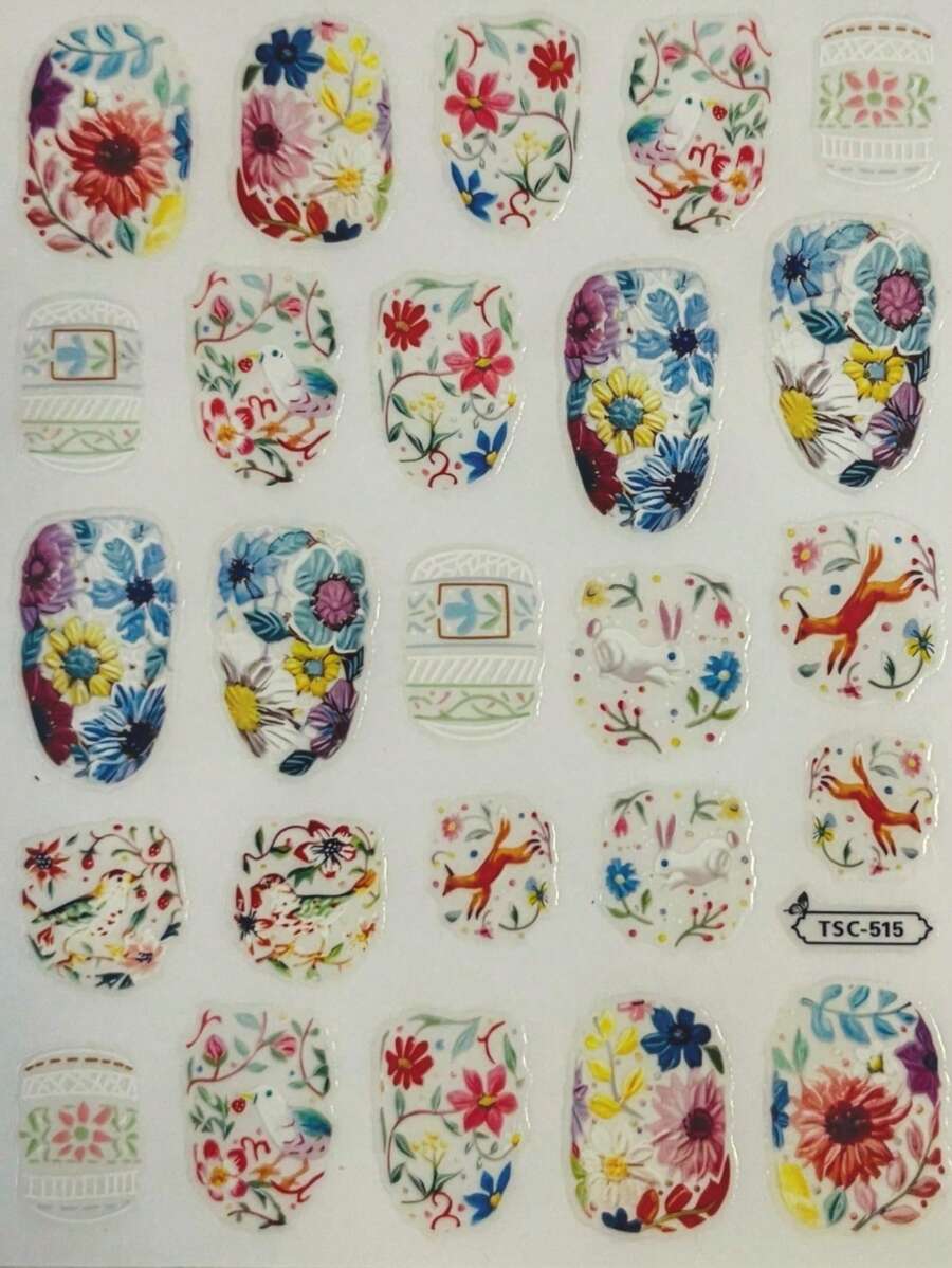 Adesivos de Arte de Unhas com Desenhos de Pássaro, Floral, Coelho, Veado
