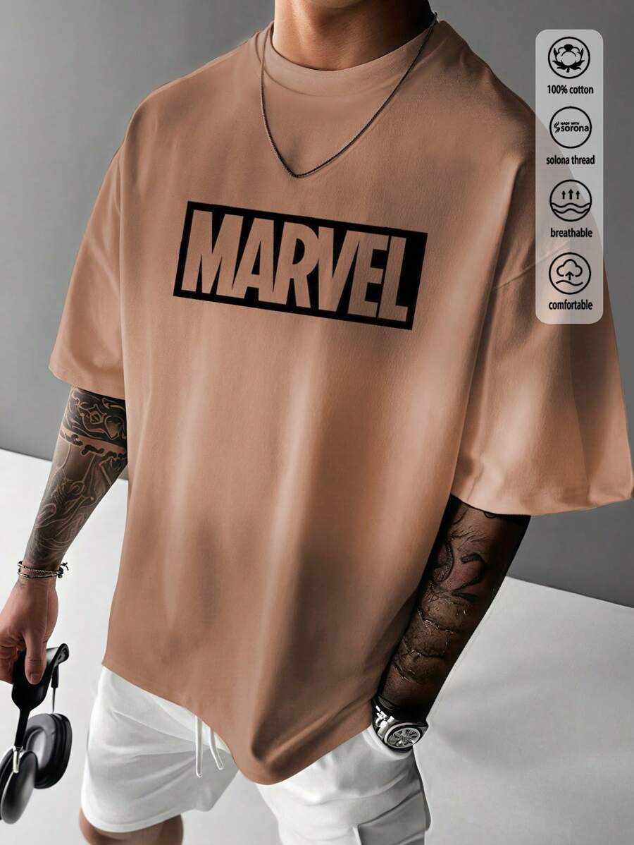 Marvel Camiseta de algodón con estampado de flores fritas de Marvel, estilo universitario de colisión acanalada, nueva ropa deportiva de primavera y verano para hombre con colores degradados, camisetas de manga corta color café para hombre suaves y transpirables.