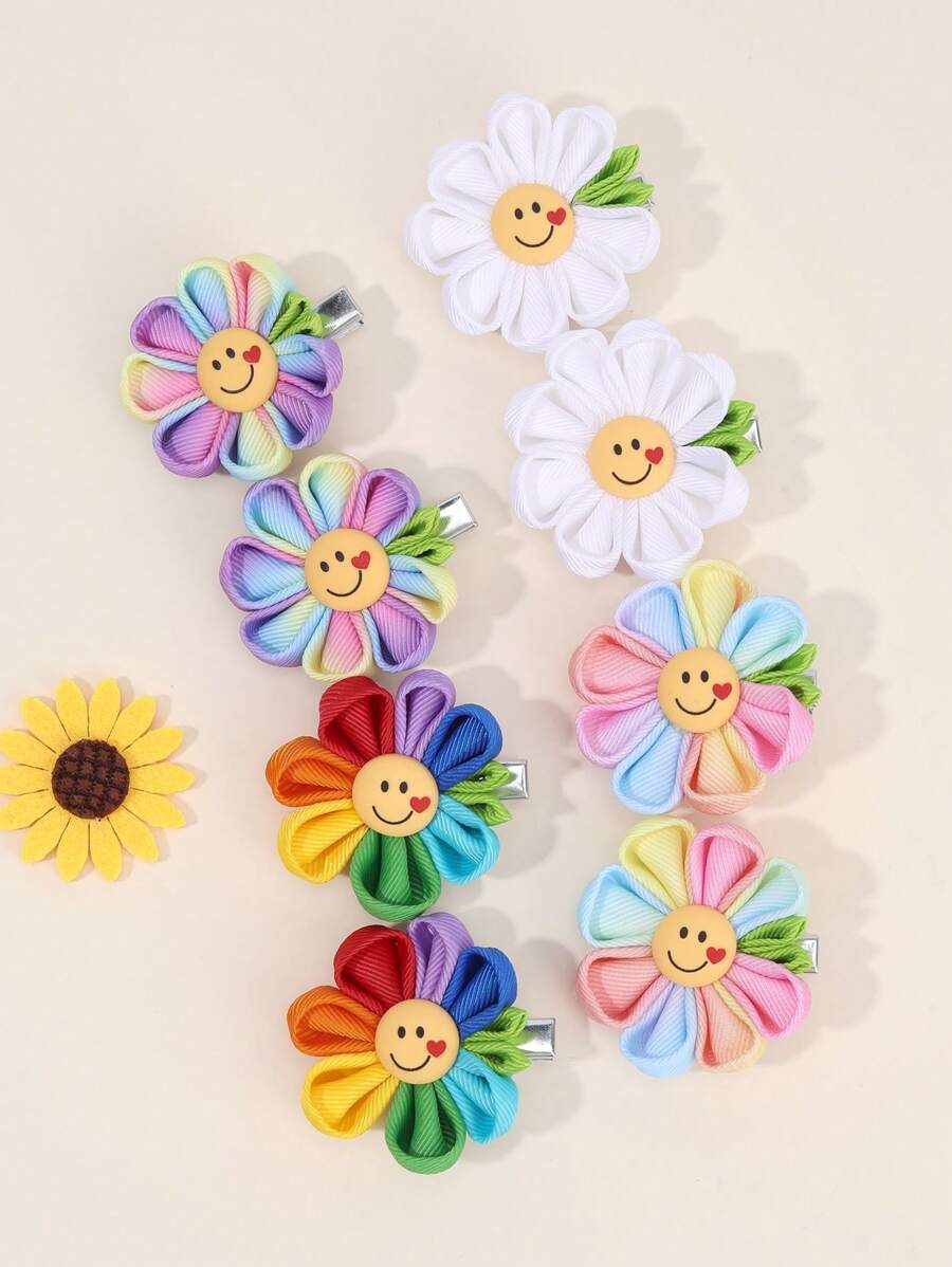 8 peças de grampos de cabelo com flores coloridas para meninas, grampos de cabelo com sorriso de margarida, acessórios de cabelo fofos para adolescentes, presentes de verão