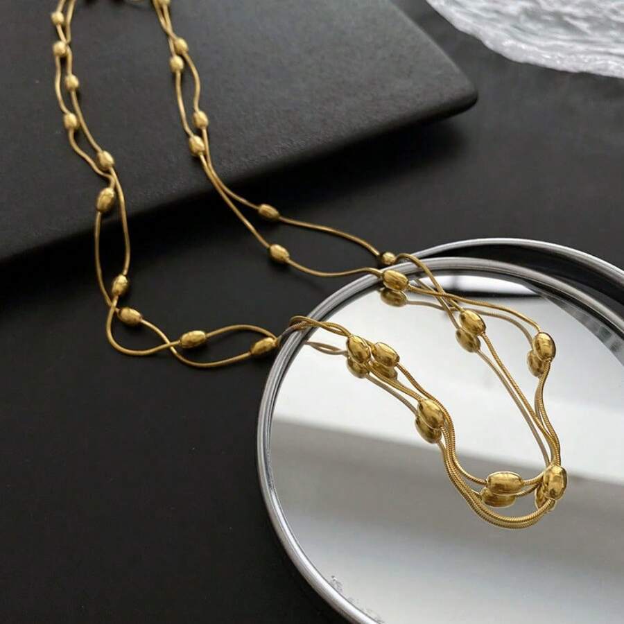 1 Stück modische mehrschichtige lange Halskette aus rostfreiem Stahl in Goldfarbe mit Perlen, geeignet für den vielseitigen Alltag von Frauen, wasserfestes Schmuckzubehör als Geschenk, passend für alle Jahreszeiten, geeignet als Geburtstagsgeschenk oder Feiertagsgeschenk