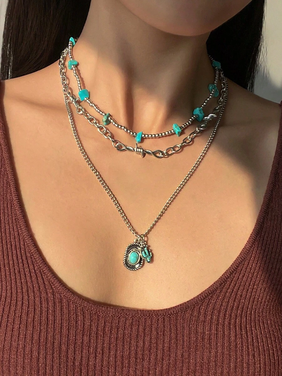3 piezas de joyas occidentales y campestres con turquesa, collar retro de moda con cactus