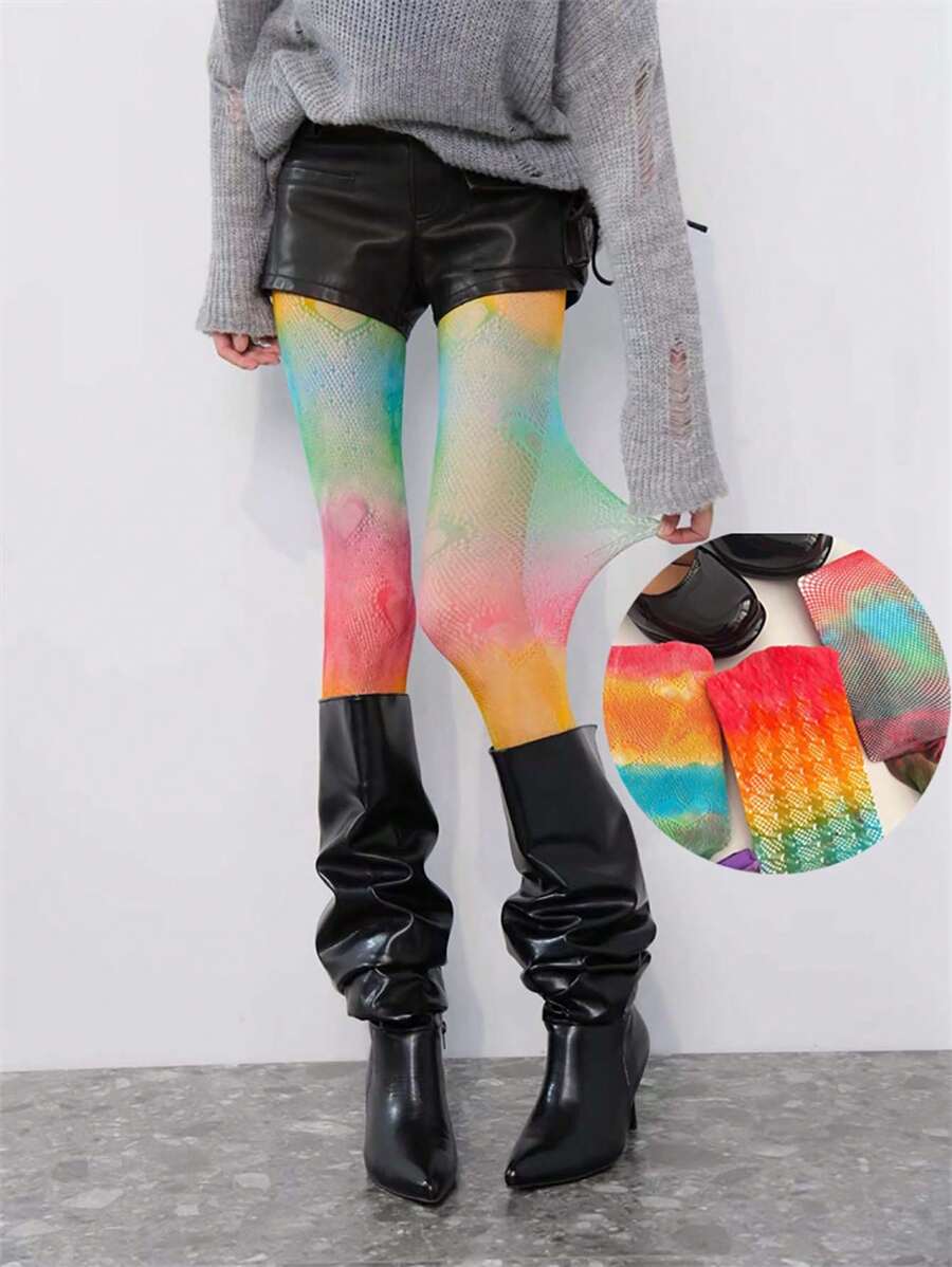 1 par de medias de rejilla de colores para mujer, finas y transparentes para el verano, con diseños de corazones y pata de gallo, medias de encaje con rayas y degradado en rojo, mallas delgadas de arcoíris