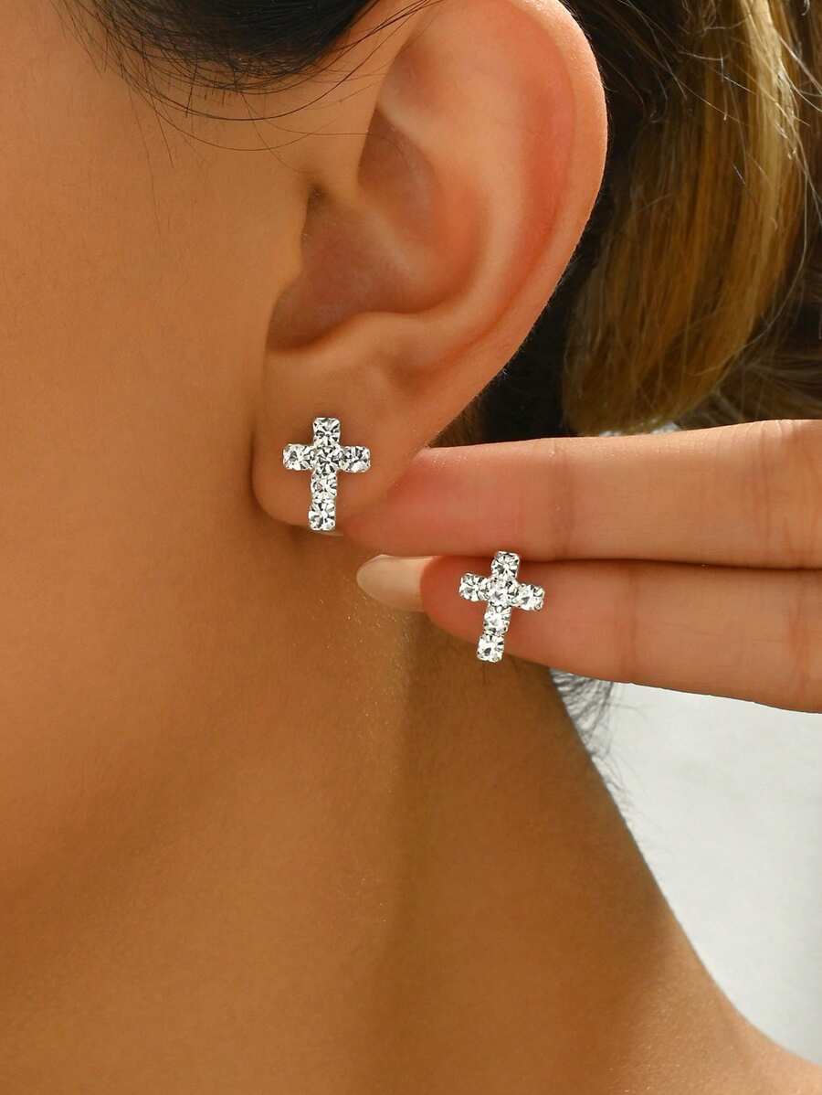 1 Pair Of Simple Style, Fashionable And High-End Sparkling Rhinestone Cross Earrings, Versatile Accessories Suitable For Daily Travel Wear