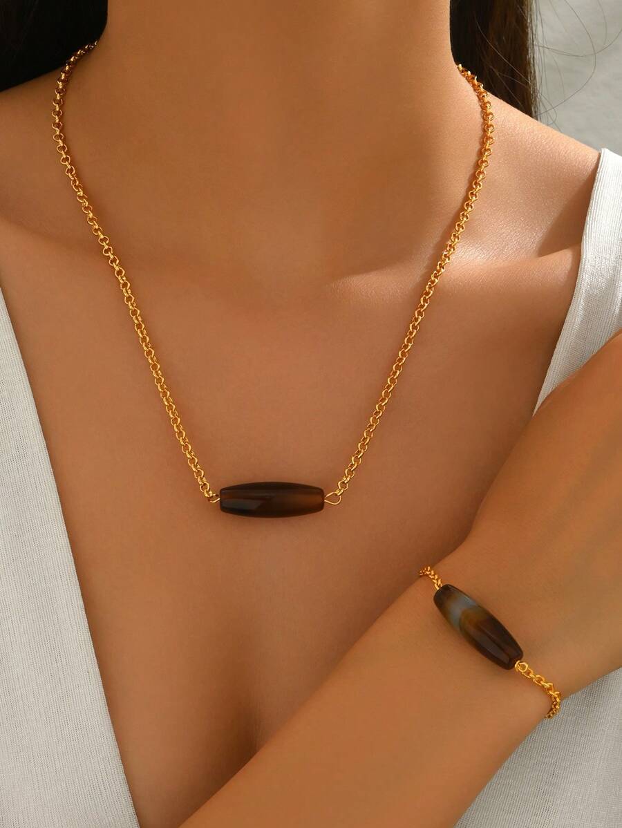 2pcs Natural Agate Minimalist Choker Necklace & Bracelet Set, Vintage Style, Suitable For Women On Holidays, Parties, Daily Wear