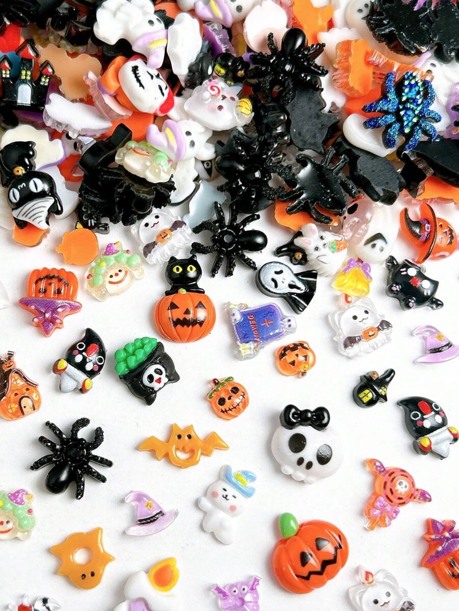 30Pcs Random Mixed ABS Cartoon Halloween Nail Charms 3D Pumpkin House Skeleton Ghost Witch Spider Cross Hat Nail Art Accessories DIY