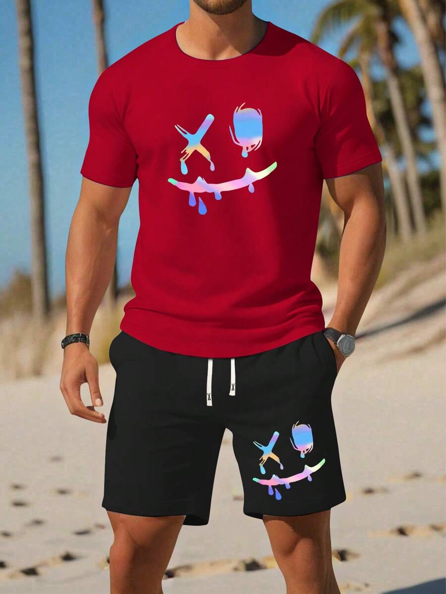 2pcs Men's Summer Short Sleeve T-Shirt & Shorts Set, Personalized Smile Print Pattern, Fashion Casual Outdoor Outfit, Pocket, Drawstring Waistband, Suit For Commute, Street, Husband, Boyfriend Gift