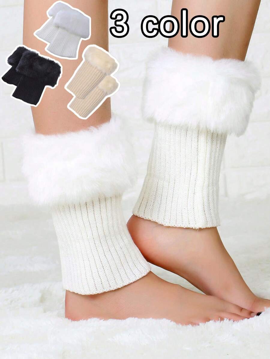 1/2/3 pares de calentadores de piernas tejidos cómodos y cálidos, calentadores de piernas decorados con ribete suave de piel, estilo corto, calentadores de pantorrilla cálidos y cómodos para mujeres, adecuados para combinar a diario
