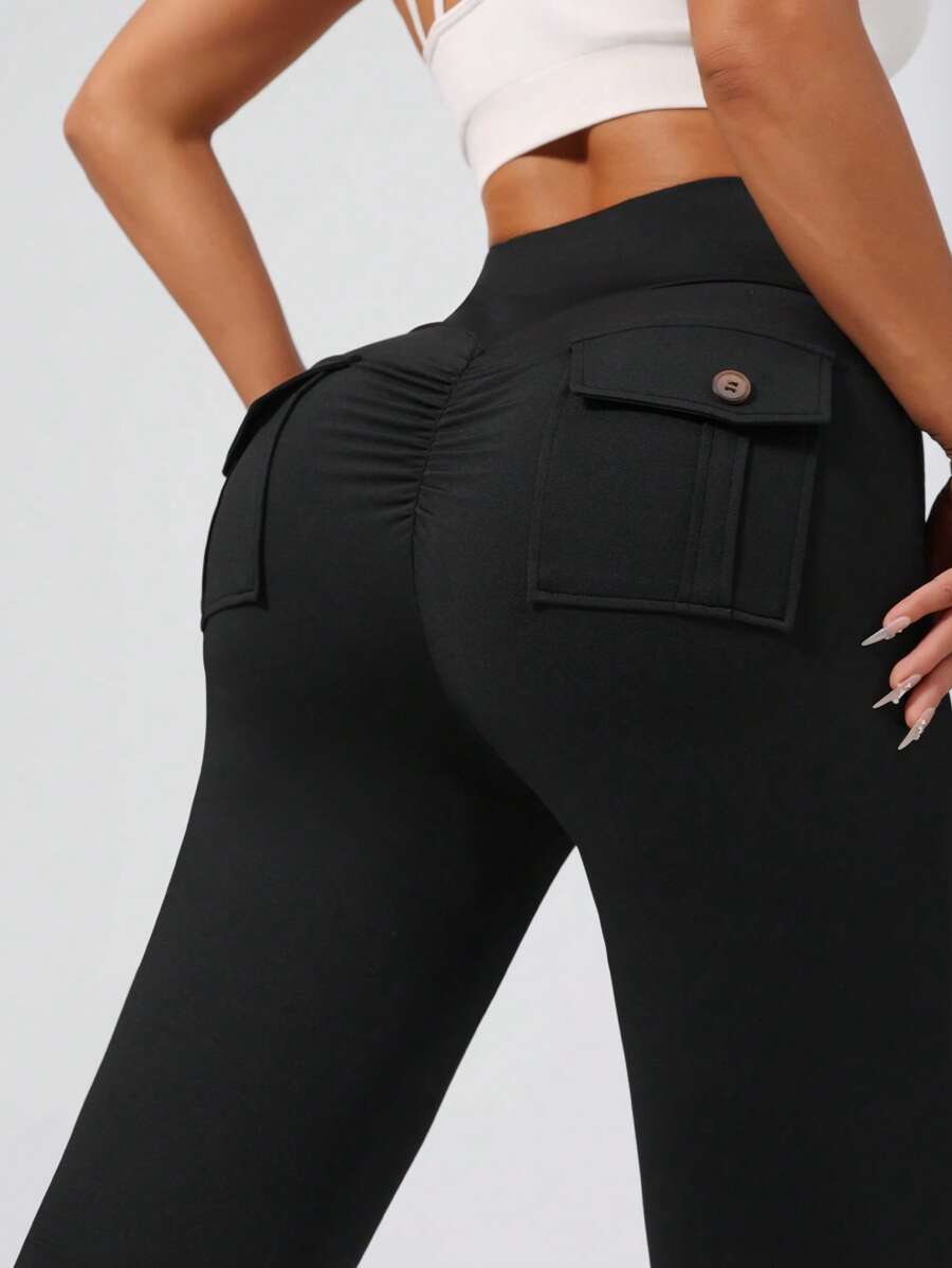 Pantalones deportivos de cintura alta con bolsillos cargo y acampanados, mallas de yoga y fitness que levantan el trasero para mujeres
