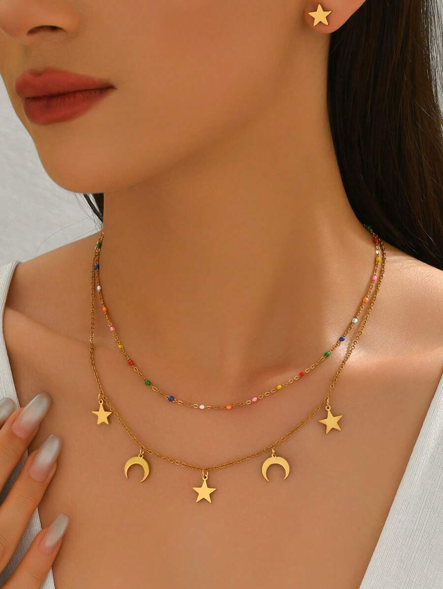 Set de 3 piezas de joyería con collar y aretes con forma de estrella y luna esmaltada, de acero inoxidable, estilo bohemio, adecuado para vacaciones, fiesta y eventos