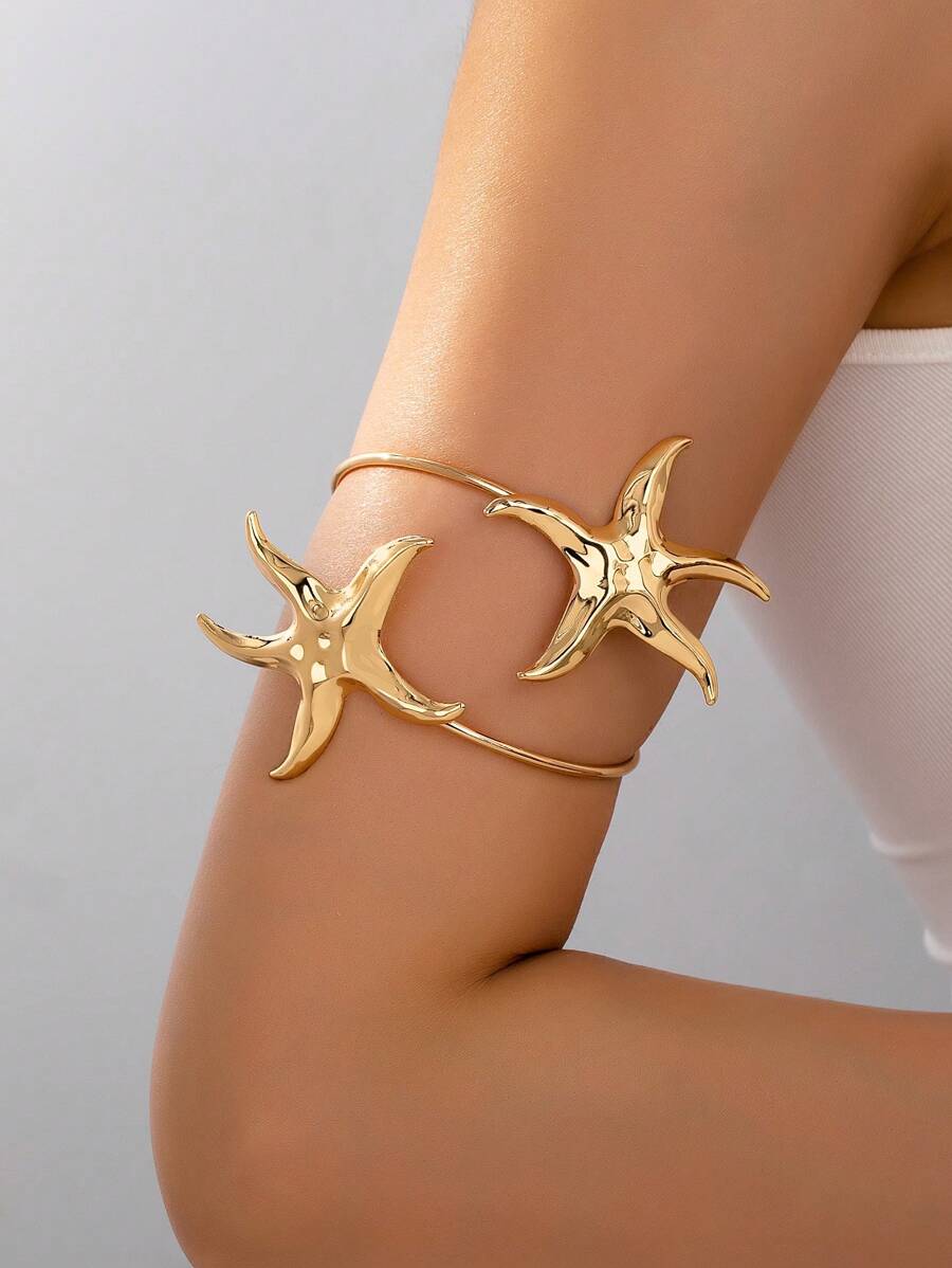 1 Pc Minimalist Golden Color Starfish Arm Cuff Upper Arm Band Women Arm Bangle, Body Jewelry Suitable For Vacation, Bikini Outfit