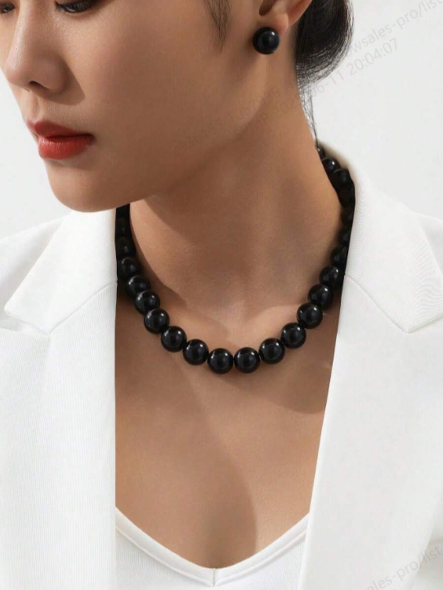 1 Set Retro Resort Style Luxury Black Faux Pearl Beaded Earrings And Necklace Jewelry Set For Ladies, Suitable For Balls And Parties