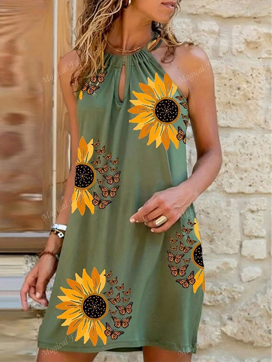 Vestido de verano casual de mujer para Europa y EE. UU. 2025, vestido de playa de tirantes con diseño calado, estampado de girasoles y mariposas para vacaciones
