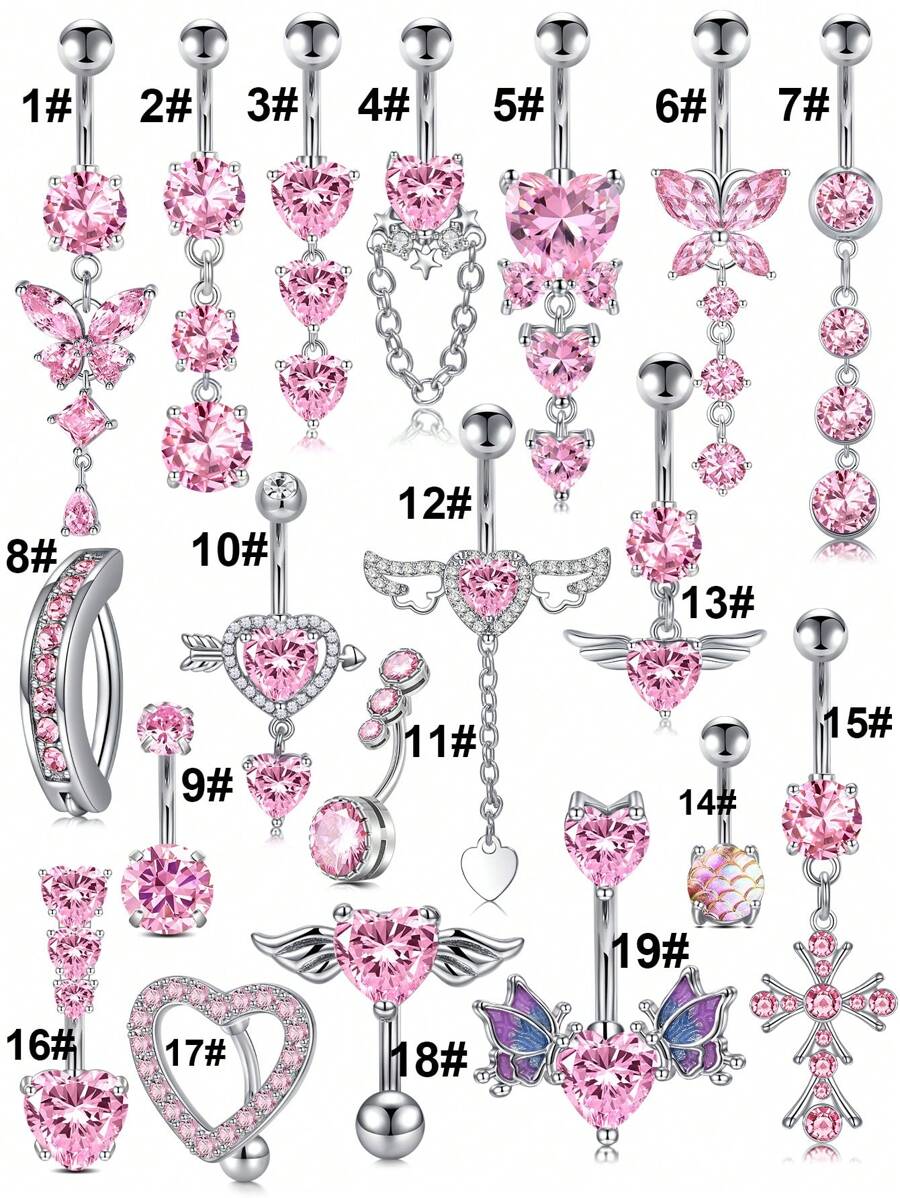 1 Peça Argola para Umbigo Descaída Rosa, Y2K, Joia de Piercing de Umbigo Fofa com Asa, Coração, Borboleta e CZ, 14G, para Mulheres