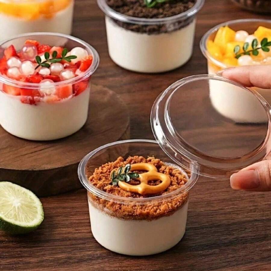 10pcs Reusable Cake Cups With Lids, Durable Non-Breakable Yogurt, Coconut Milk, Pudding, Oatmeal Cups, Cream Cake Boxes, Transparent Dessert Cups, Suitable For Cakes, Mousses, Cupcakes, Ice Cream, 6.5*7.5cm/5*6cm Two Sizes