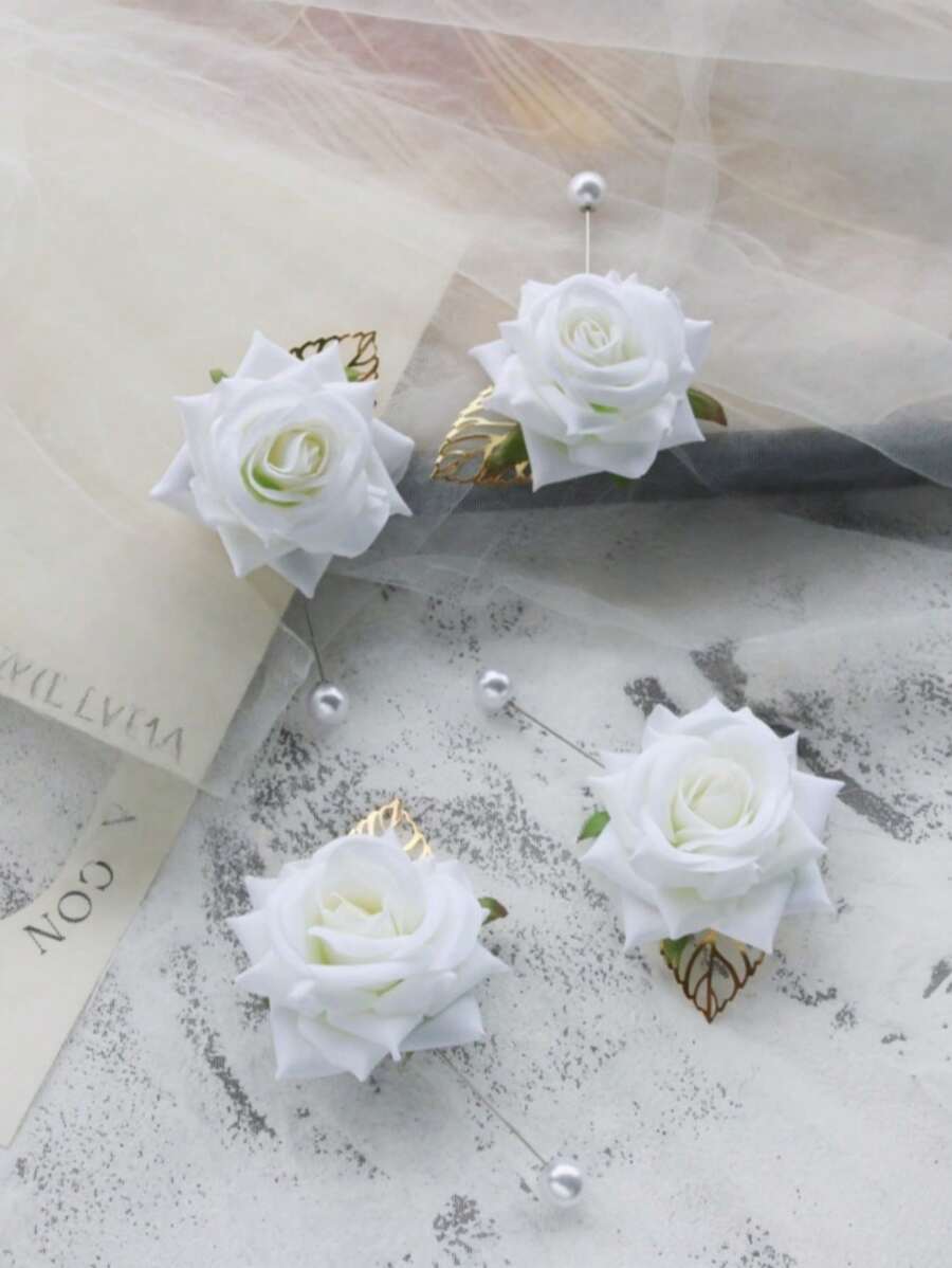 4 teiliges Set Elfenbein Rose Kombination elegante Corsage für Hochzeit, Party, Gastgeber