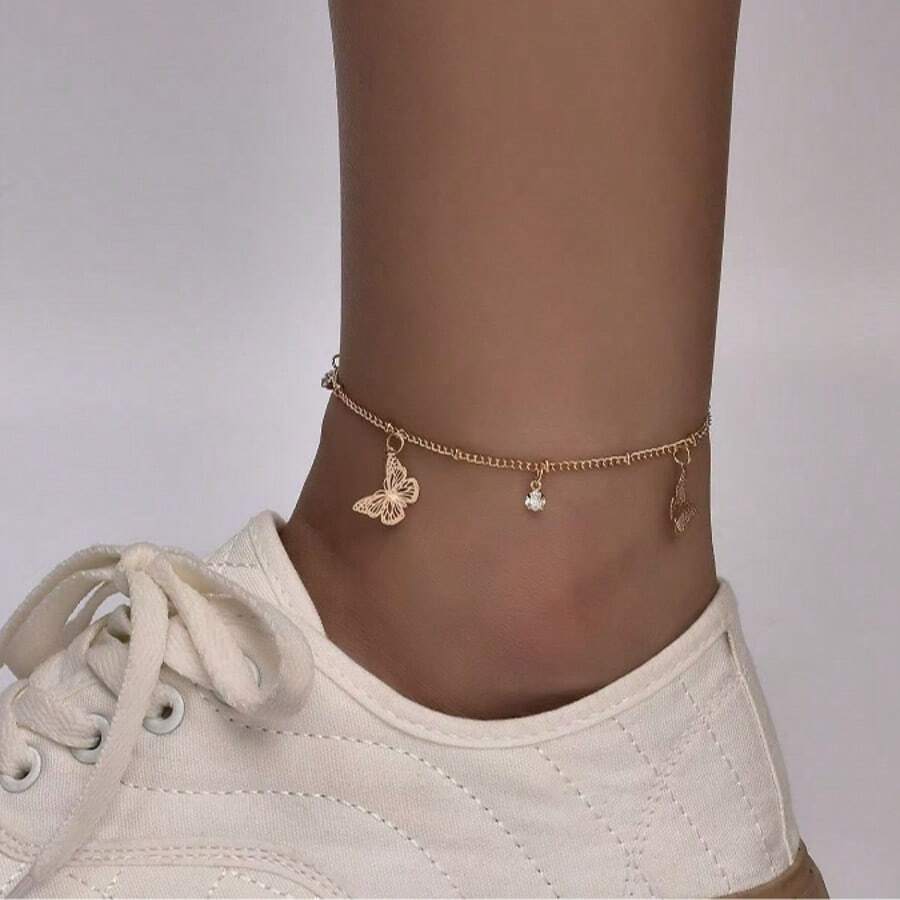 1 Stück goldene Cut Out Schmetterling Strass Fußkette, Damen Strand Lässig Fußkette