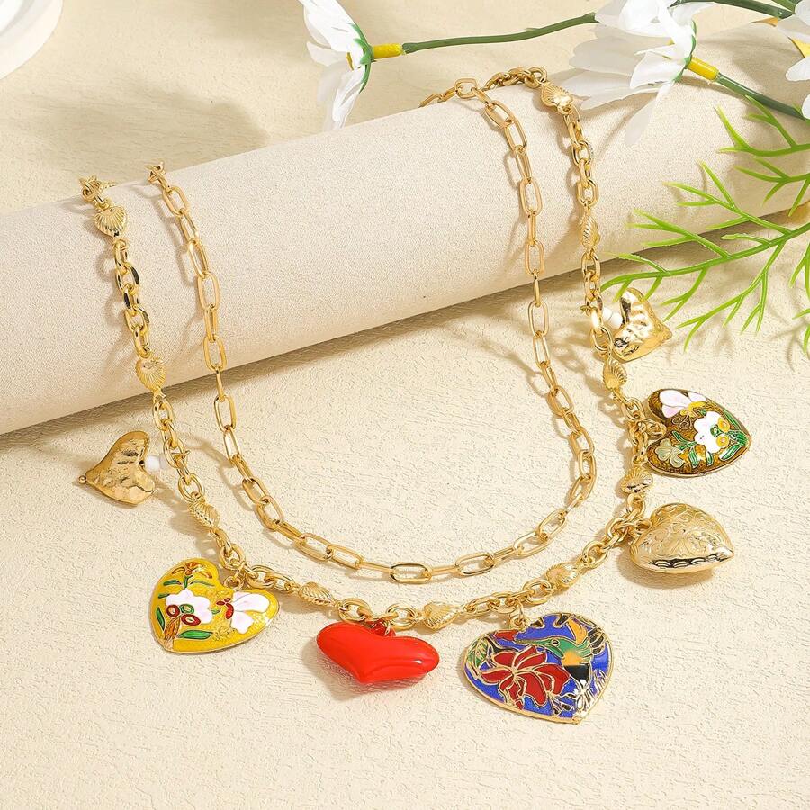 2 Stücke bohemian-artiger mehrschichtiger Halskette mit Herz-Anhänger, modischer bunter Herz-Charm doppelte Ketten Halskette, geeignet für Frauen Alltagsparty, Geschenk