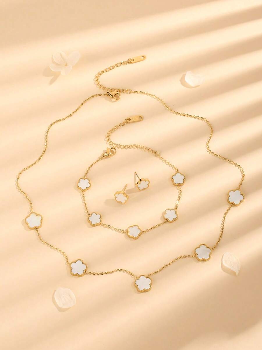 A Set Of 4 New Stainless Steel Plant Mother-Of-Pearl Five-Leaf Petal Earrings, Bracelets, Necklaces And Jewelry