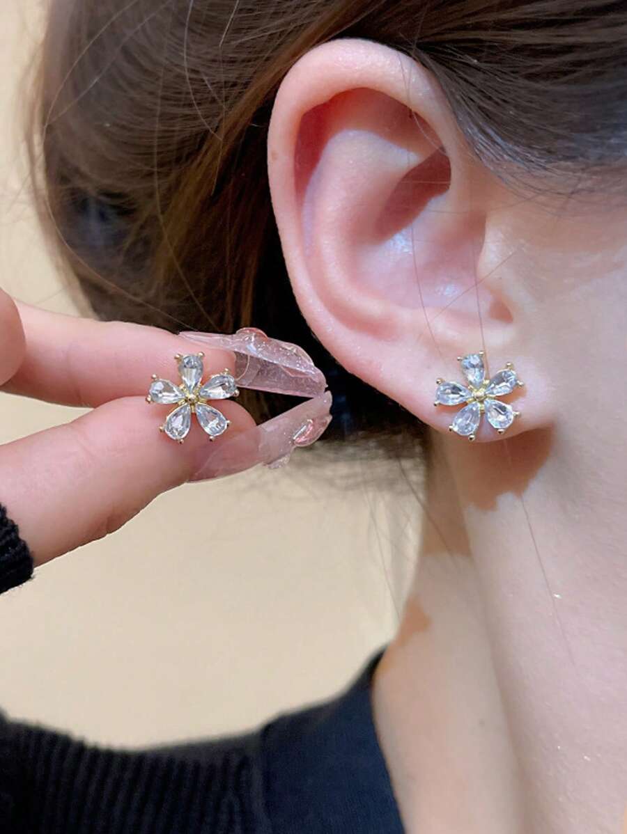 1 par de pendientes de mujer elegantes con forma floral decorados con zirconia