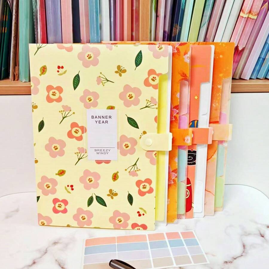 1PC Yellow Color Expanding File Folders With 5 Pockets, Accordion File Organizer With Label, Portable Document Paper Organizer, Filing Folders, Letter / A4 Size For School, Office And Home -4 Designs,School Supplies,Back To School