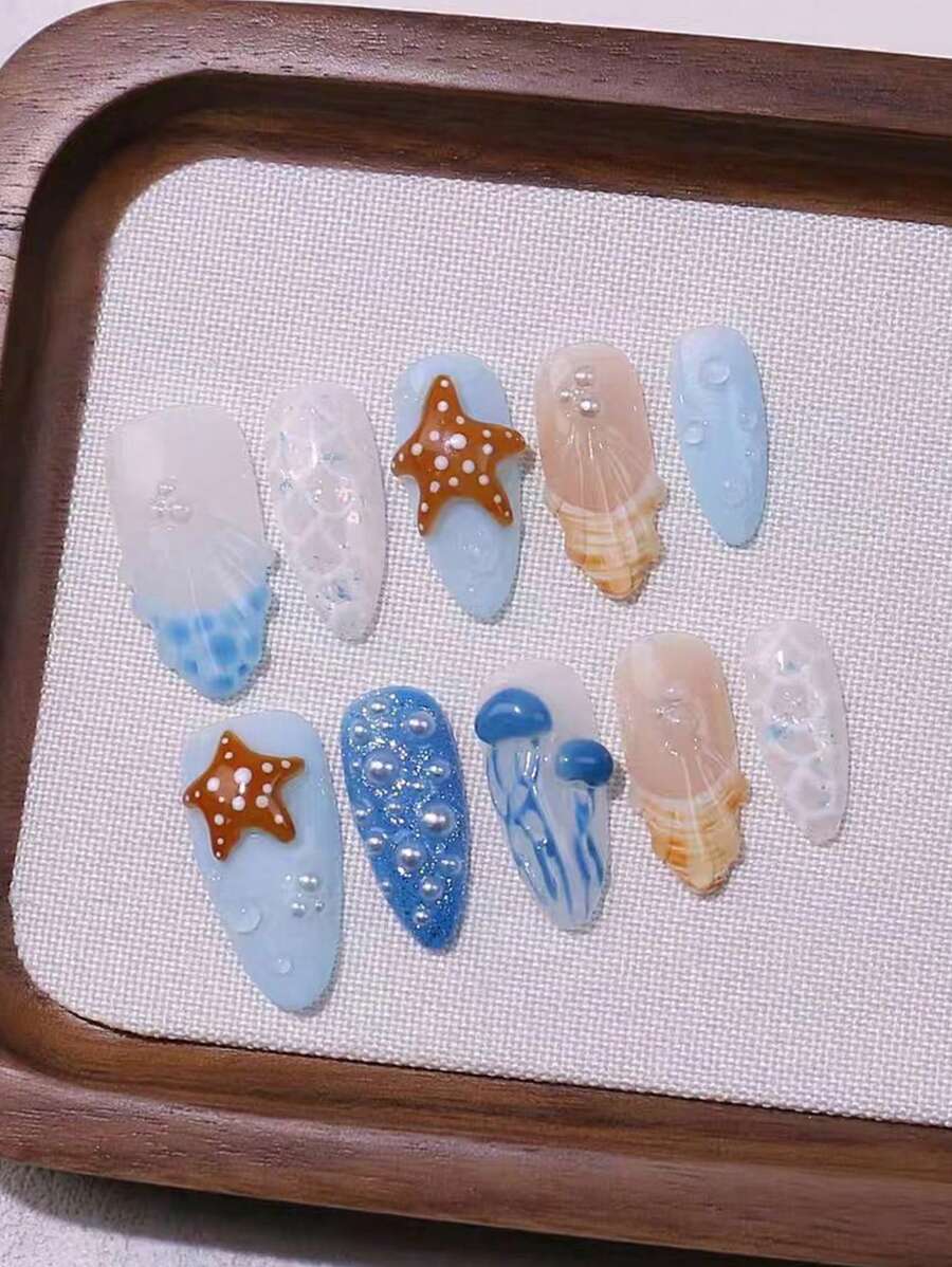 10pcs Reusable 3D Jellyfish Fake Nails, French Manicure Short/Medium Length, Handmade, Include 1pc Jelly Gel & 1pc Nail File, Suitable For Women & Girls, Daily, Office, Party Use