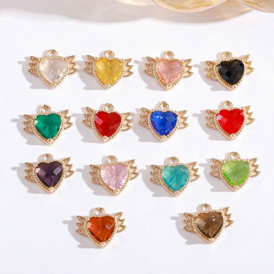 5 piezas de cobre de aleación con incrustación de en forma de corazón con alas, adecuado para hacer collares, pulseras, aretes, llaveros y joyería