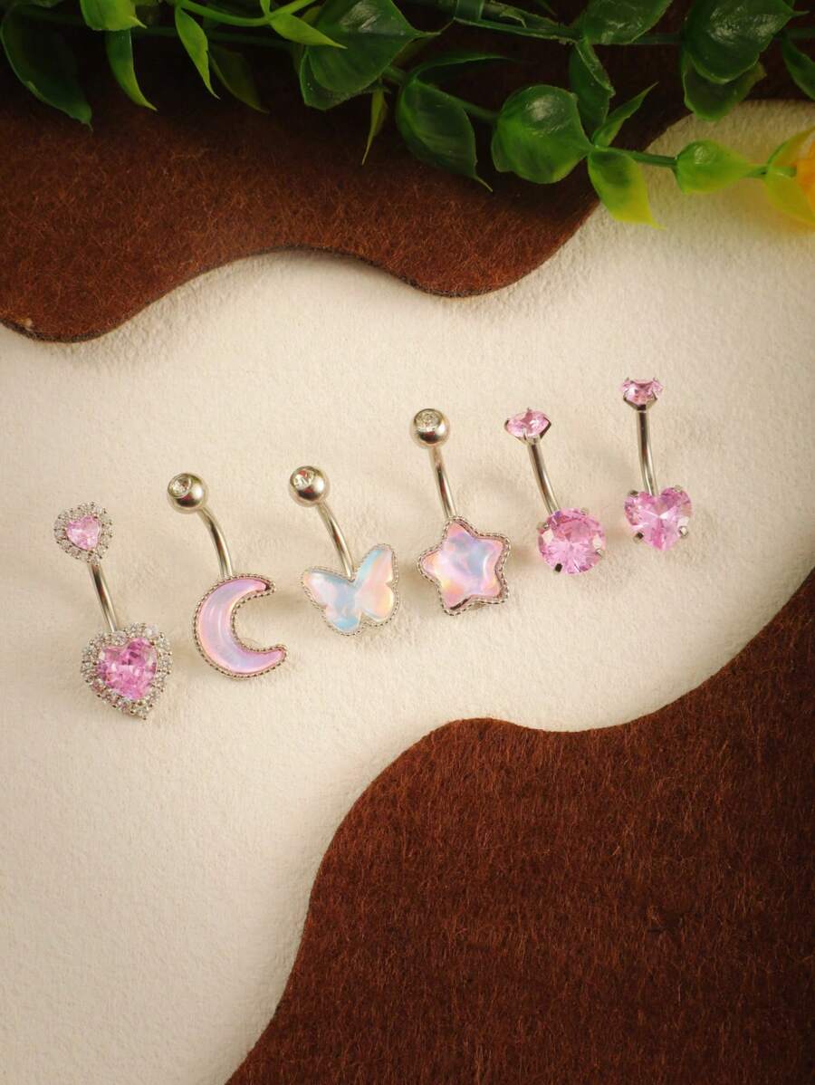 6pcs Y2K Baddie Combo - Butterfly/Star Moon Multielement, Colorful Zirconia, Hypoallergenic Adjustable Bar, Pure Style Belly Button Rings, Music Festival & Beach Party Accessories