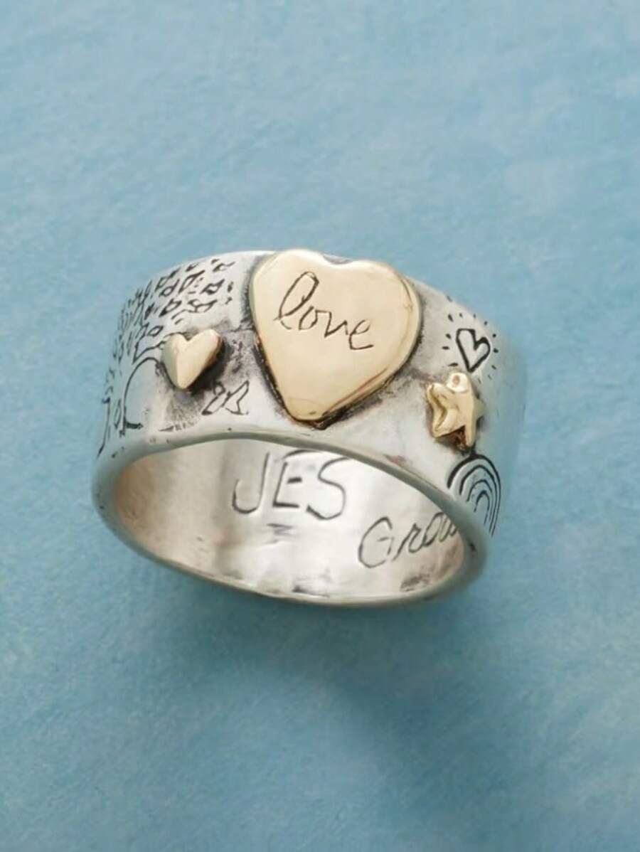 Retro Handcrafted Carved Pattern Rings, Letter Design Rings, Sun And Star Accessories