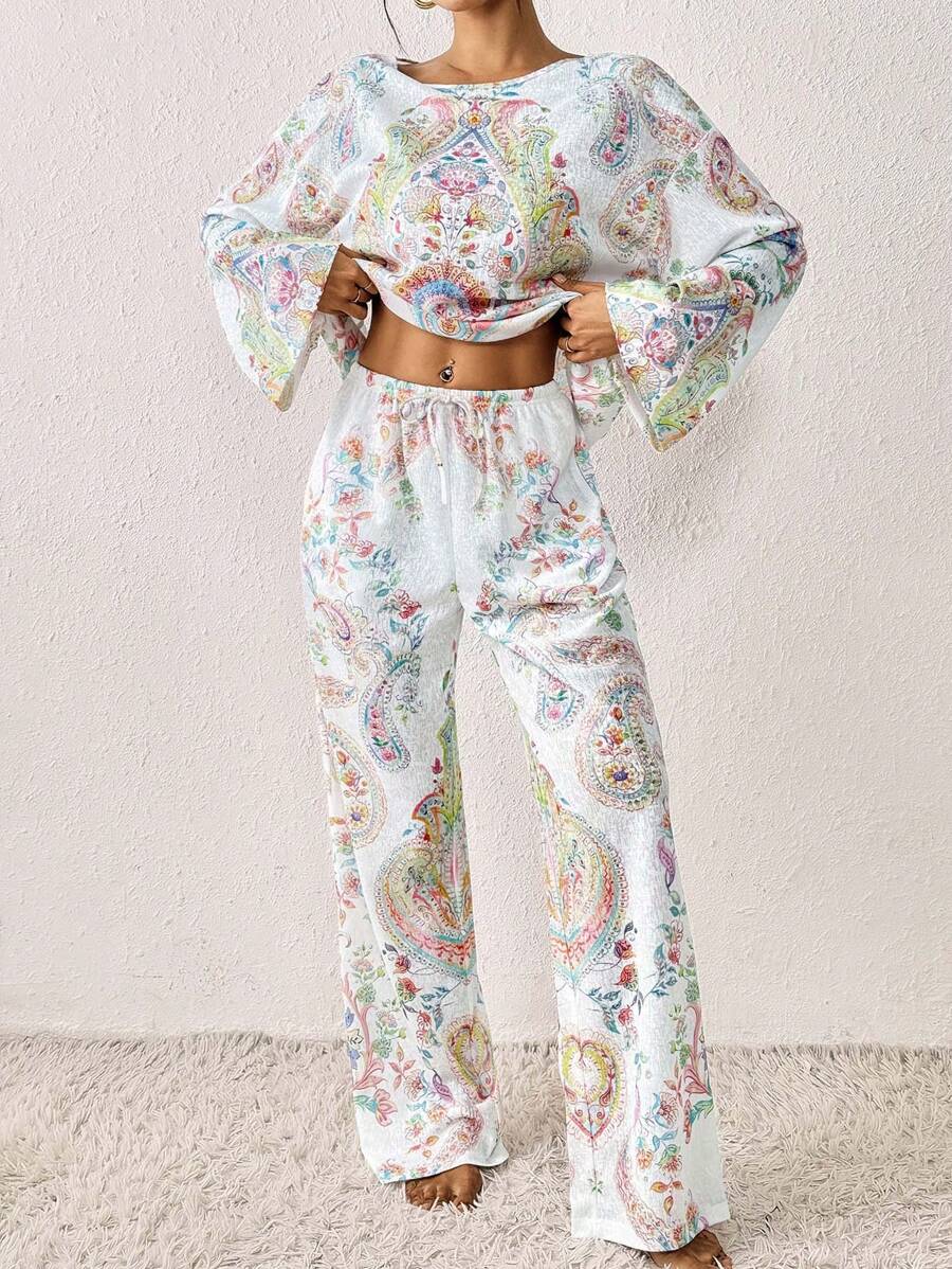 Conjunto de salón mujer estilo bohemio con estampado de cachemir transparente, top de manga larga y pantalones anchos con bolsillo, conjunto de dos piezas para el otoño