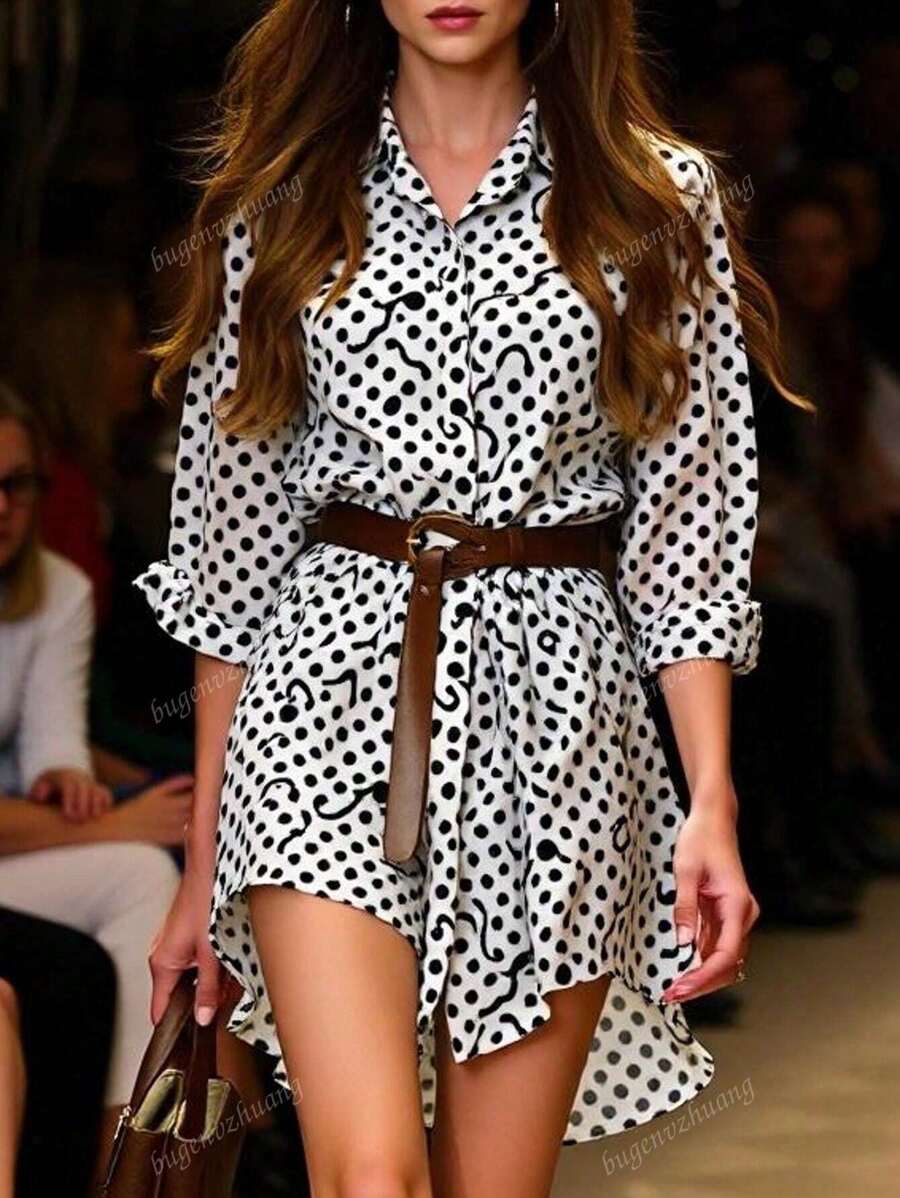 Women's High-Low Hem Polka Dot Print Longline Collared Shirt - Stage-Ready Concert Blouse For Date Nights/Festivals/Travel, All-Season Versatile Oversized Top With Front-Crop Design