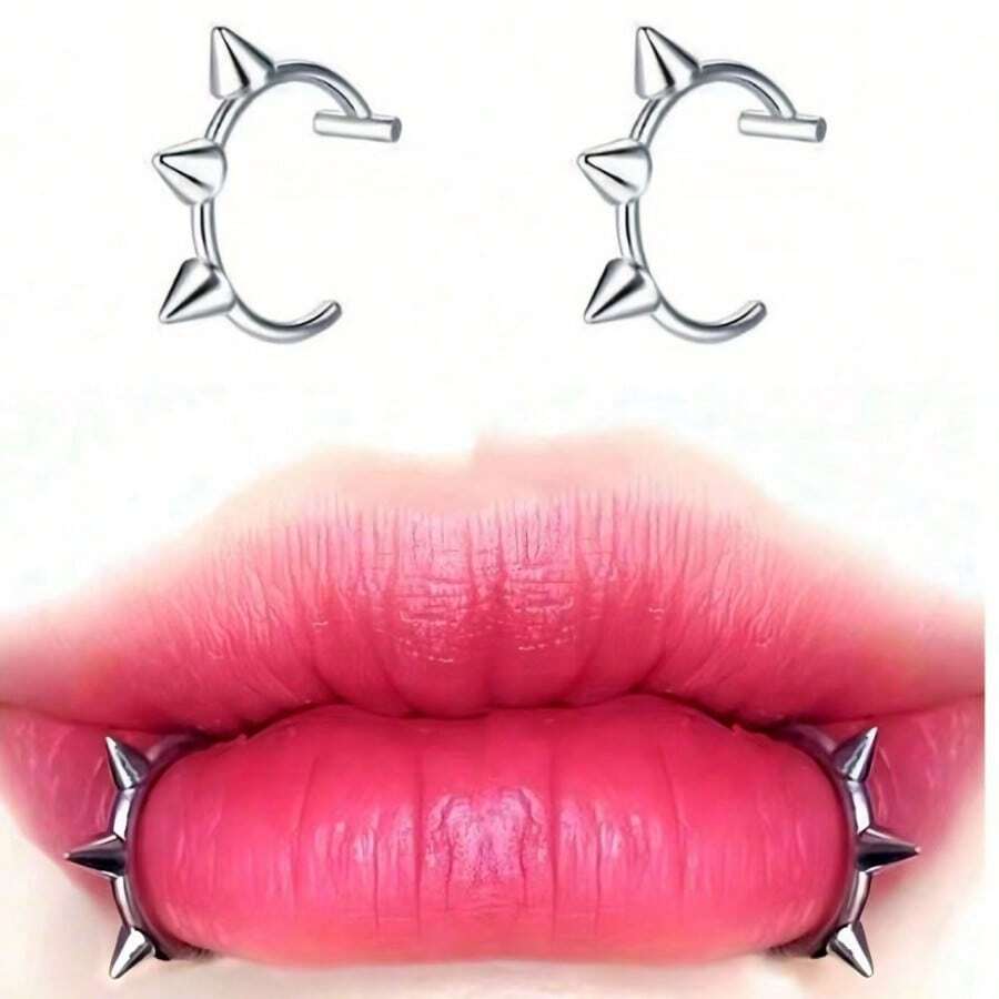 Fashion Cute Clip-On Lip Ring, Faux Piercing Vampire Teeth, Moon Shaped Lip Jewelry