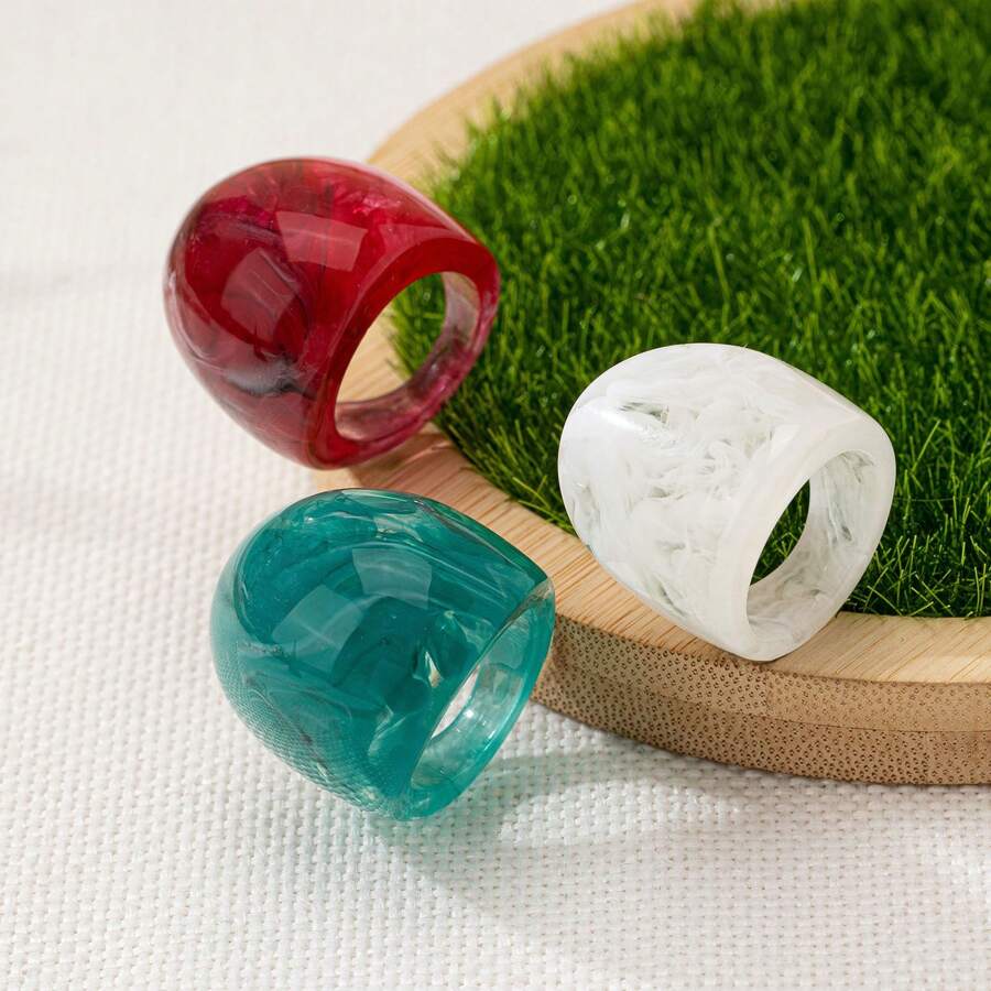 3 Stücke Set Vintage Retro Stil Harzkringe für Frauen, Modische geometrische Statement Ringe