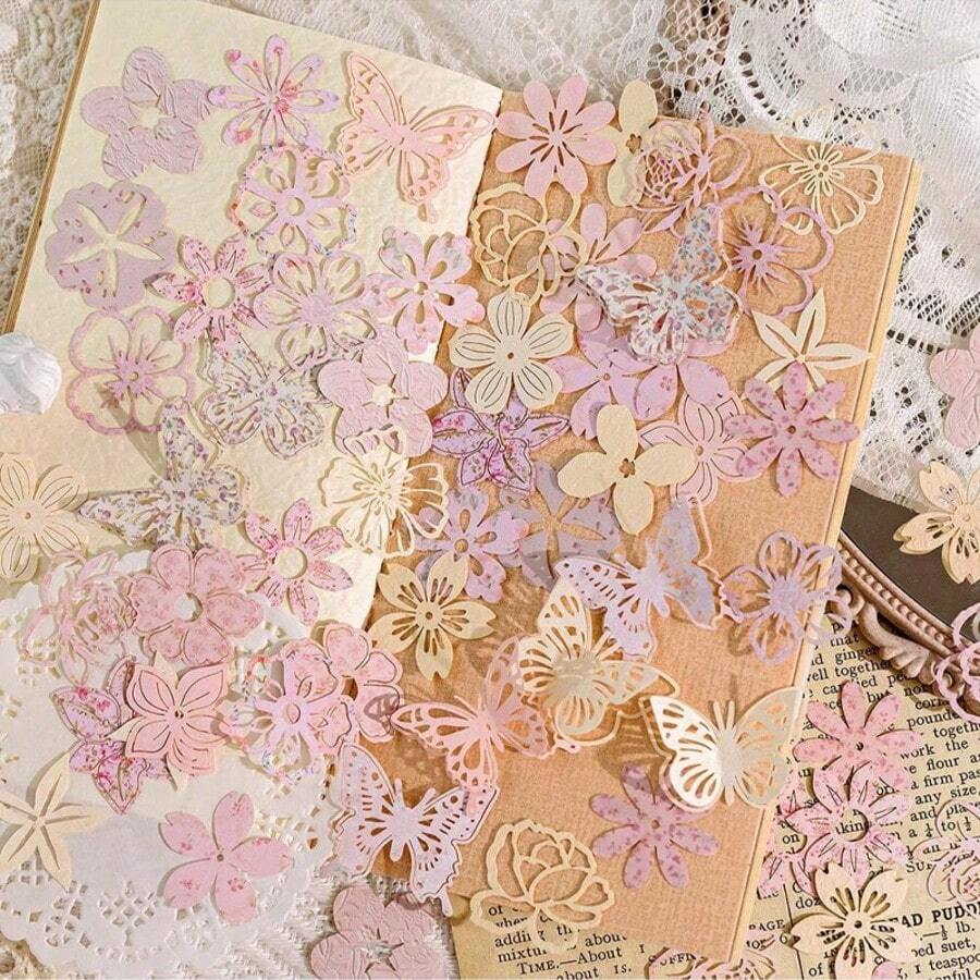 50pcs/Pack Vintage Hollow Flower Themed Base Paper Material, Crafting, Scrapbooking, DIY Supplies School Supplies, Back To School
