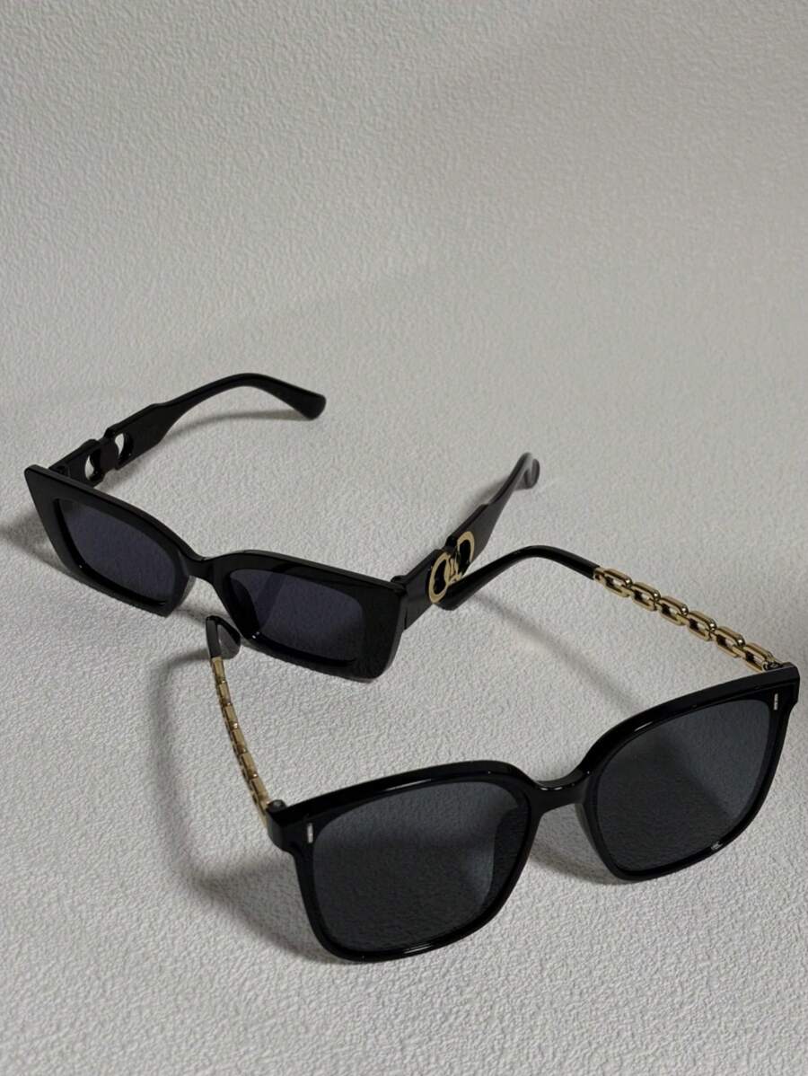 2 Pieces Vintage Square Glasses Sets For Women, Suitable For Daily Life, Beach Vacation, Outdoor Travel, Decoration Chain, Classic Black Frame, Adult Party Gift, Holiday Accessory, Basic Summer Female Clothing, Business Casual Gift, Beach Accessories