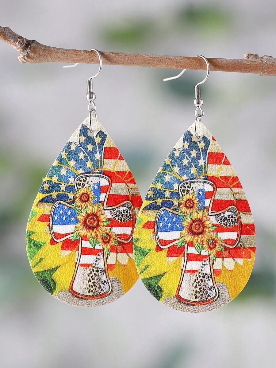 Vintage Leopard, Sunflower, Cross, Red White Blue Striped Star Patriotic USA Women PU Double Sided Water Drop Pendant Earrings
