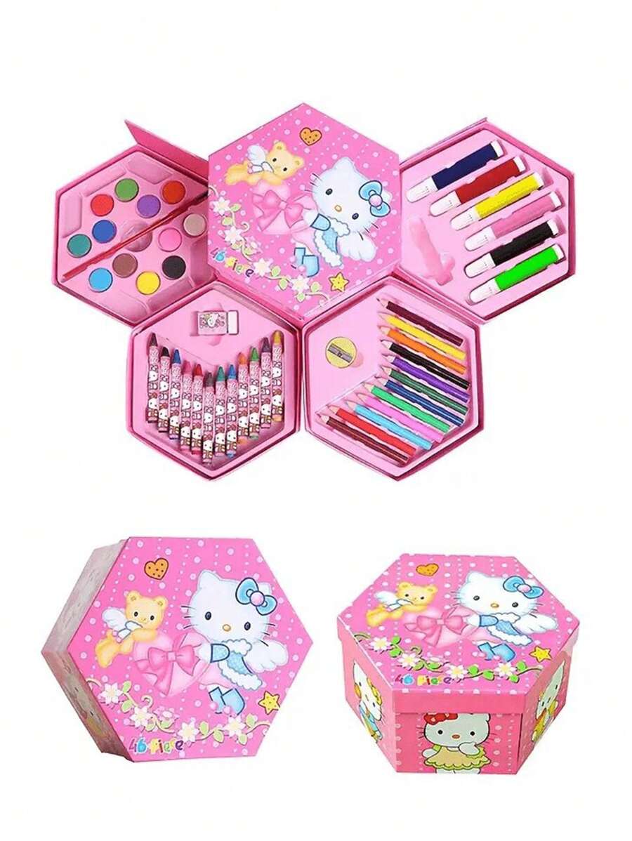 Sanrio 1Set Hello Kittys 46 Color Watercolor Brush Painting Kit Rotating Storage Painting Combination Set Suitable For School Office And Daily Use Gift(Some Parts May Be Random) School Supplies, Back To School