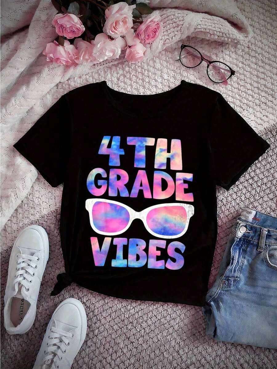 Girls' 4th Grade Vibes Back To School T-Shirt - Soft Breathable Short Sleeve Crew Neck Tee, Casual Youth Top For First Day Of School &Amp; Teacher Apparel, Playful Design | Comfortable Fit