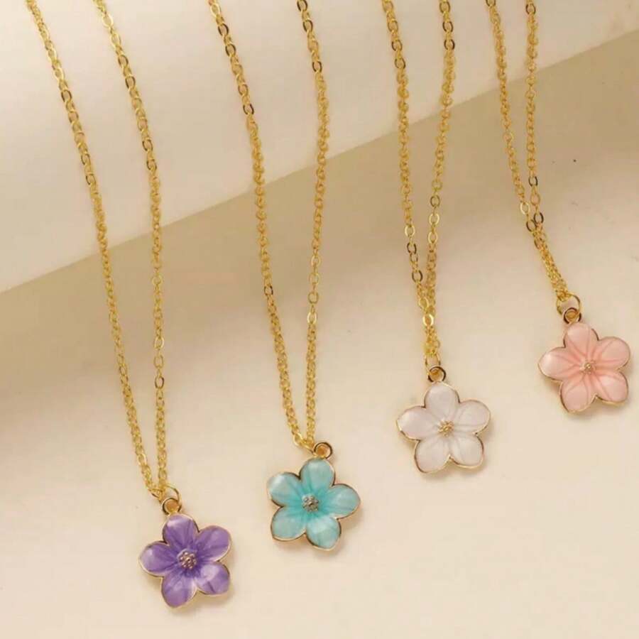 Colar feminino com pingente de flor de cinco folhas, versátil e moderno, 4 cores, corrente para clavícula, adequado para festas, encontros, praia, férias e uso diário