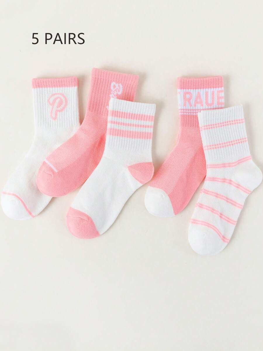 5 pares de calcetines hasta la pantorrilla para niños, calcetines de red y malla para niñas en rosa, blanco, color contrastante, multicolor, con letra "P", a rayas, de doble raya en estilo deportivo, de alta elasticidad, calcetines de red y malla hasta la pantorrilla, adecuados para todas las estaciones, aptos para uso diario de estudiantes, pueden combinarse con zapatillas casuales, zapatos de vestir, ideal para la temporada de vuelta al colegio