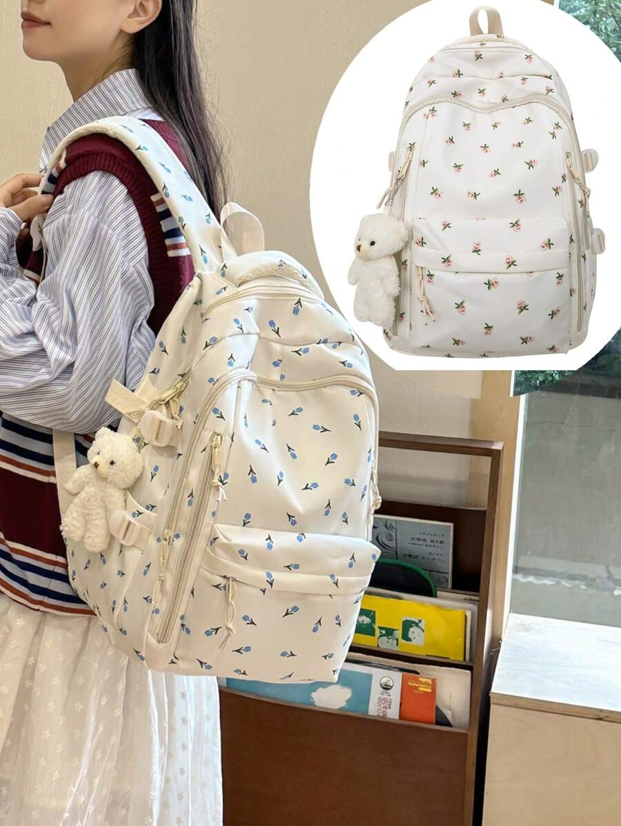 Mochila Feminina de Impressão Colorida Contrastante com Decoração Fofa de Urso, Design de Vários Bolsos de Grande Capacidade para Viagem, Trabalho, Escola, Alças de Ombro Ajustáveis, Adequado para Lazer, Compras, Estudante