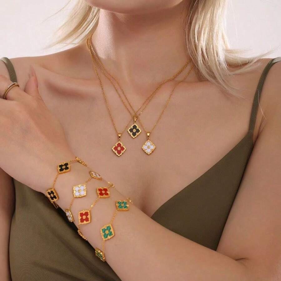 Conjunto de joyas de pulsera, collar y pendientes con flores, estilo accesorio de palacio de rombos, de estilo europeo y estadounidense