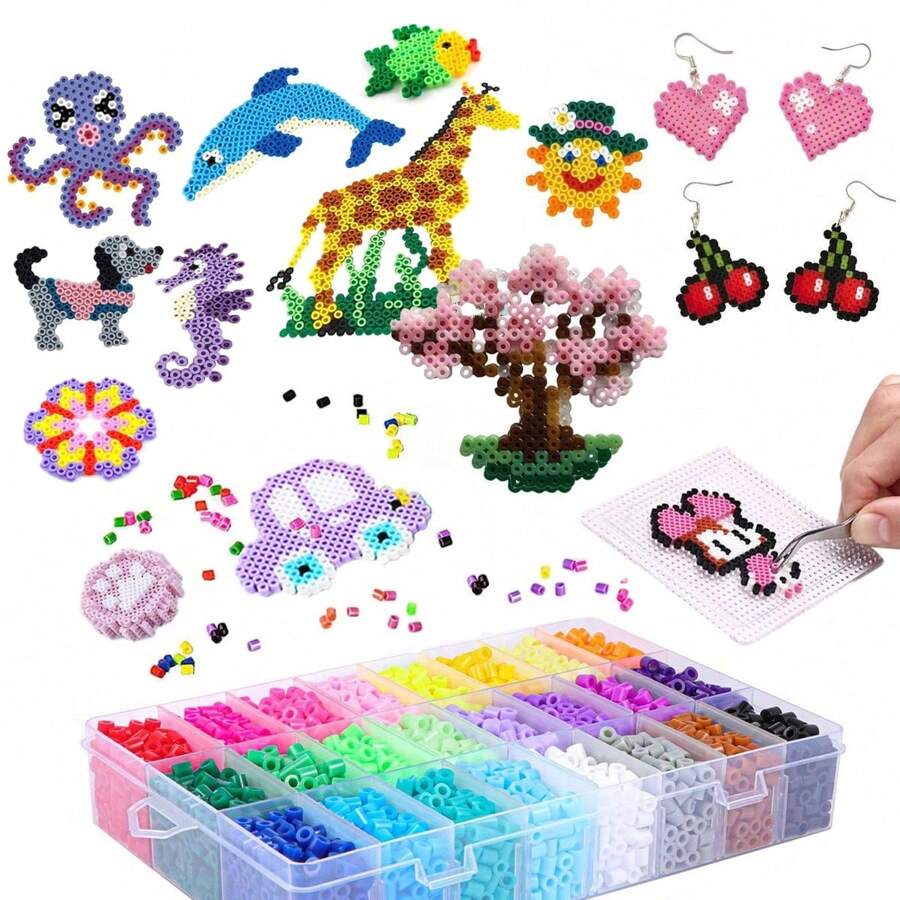 5000 piezas - Juego de 24 colores de cuentas redondas huecas, cuentas de 5mm, con caja y tablero transparente, cuentas de fusión creativas DIY para manualidades y decoración de uso diario