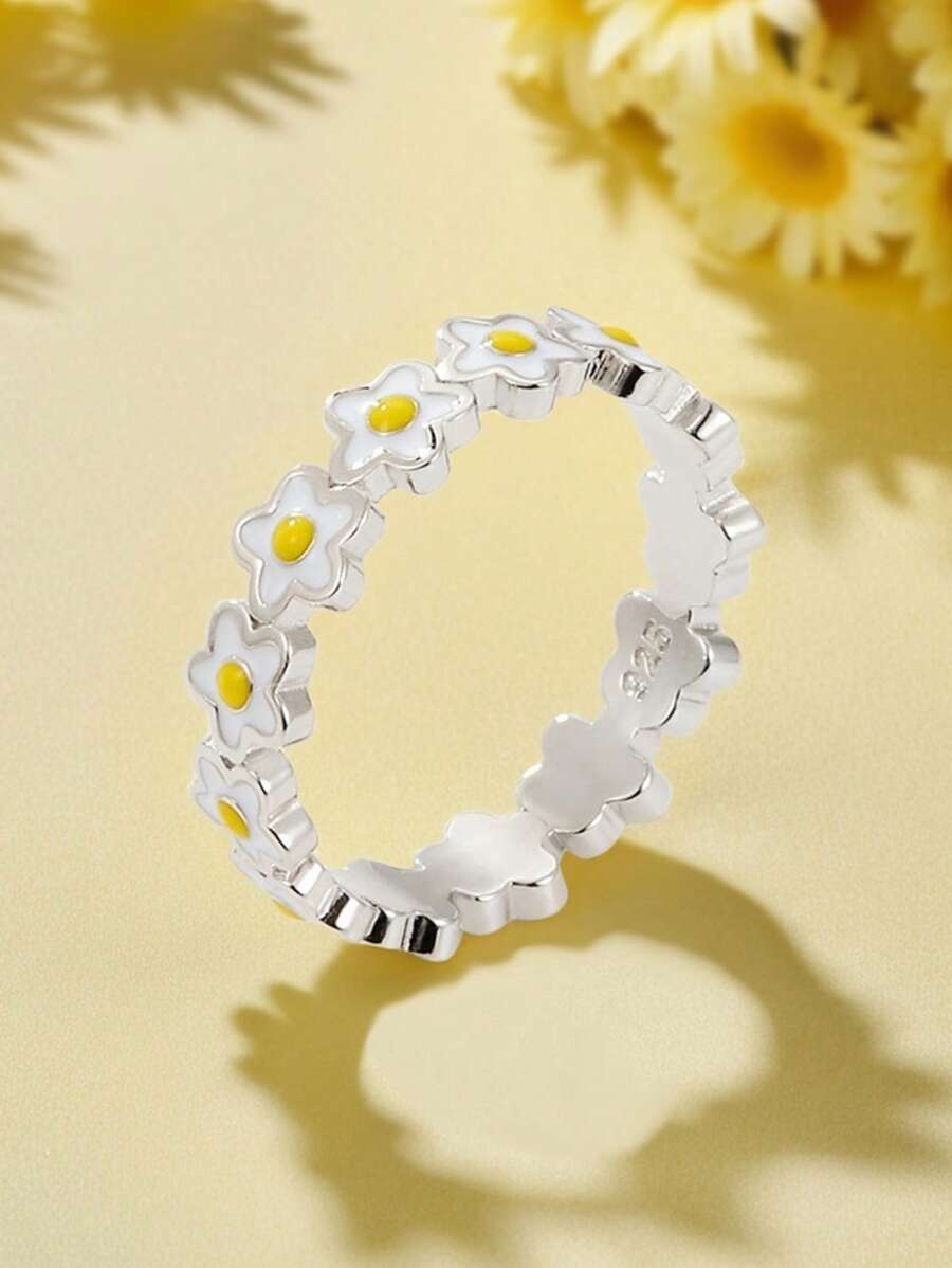 1 Stück 925 Sterling Silber Hypoallergener Ring in Blumenform mit gelber Emaille - süß und niedlich - perfekt für den täglichen Sommer-Stil von Mädchen oder Picknick-Ausflüge - ideales Geburtstags-/Feiertagsgeschenk für Töchter/Enkelinnen