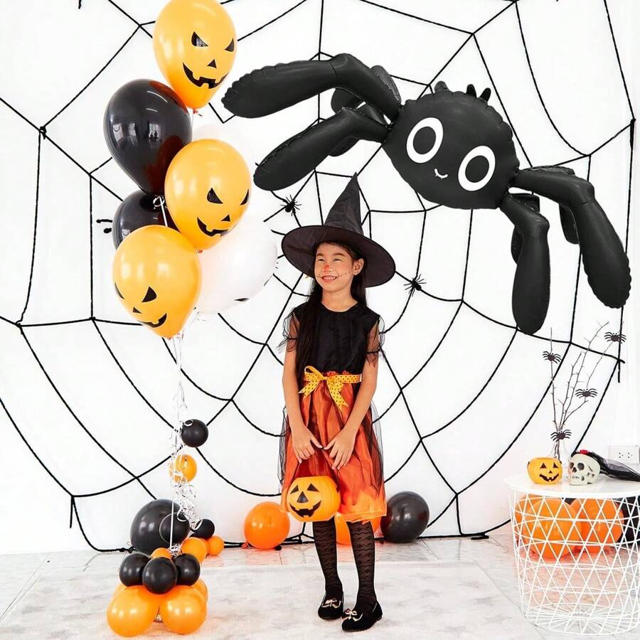 1pc 57-Inch 3D Cartoon Spider Shaped Foil Balloon, Oversized Adorable 6-Legged Black Spider Design Polyester Film Balloon, For Trick Or Treat, Halloween, Ghost House Decor, Spooky Party Decorations, Fun Birthday Party