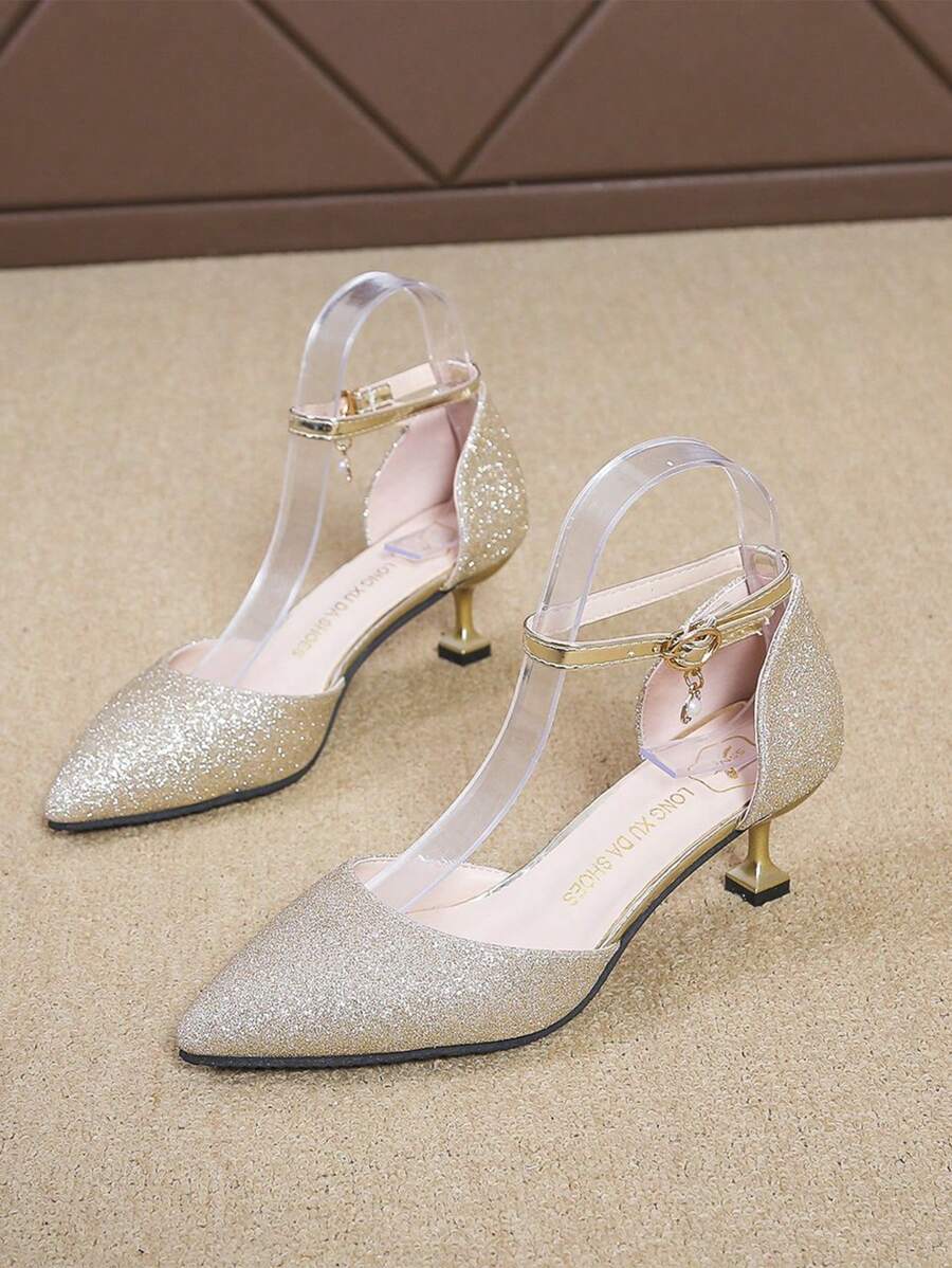 1 Pair Fashionable New Style Teenager High Heel Shoes, One-Buckle Design, Shiny Upper With Kitten Heel, Crystal Shoes For Formal Occasion