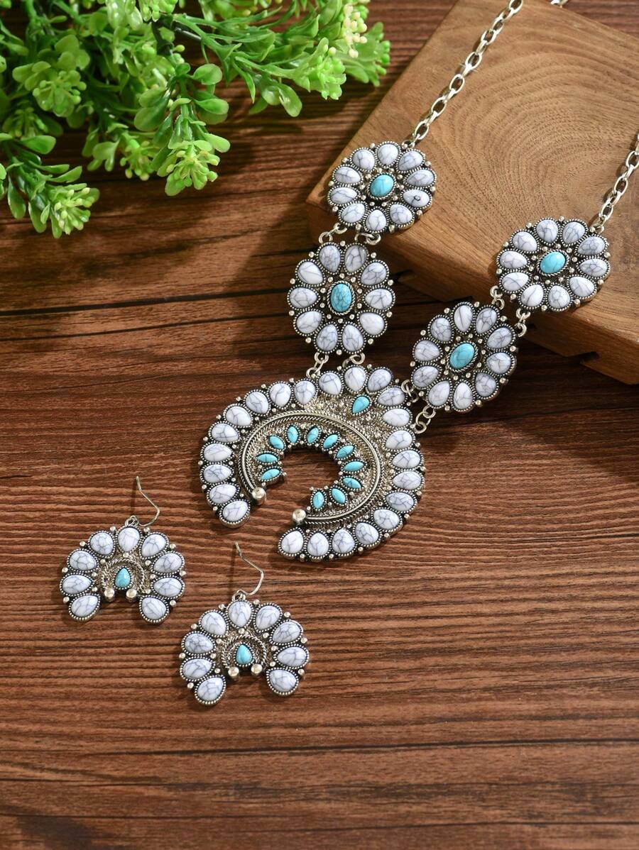 3pcs/Set Boho Style Turquoise Flower Design Alloy Necklace And Earrings Set, Suitable For Women Party Wear