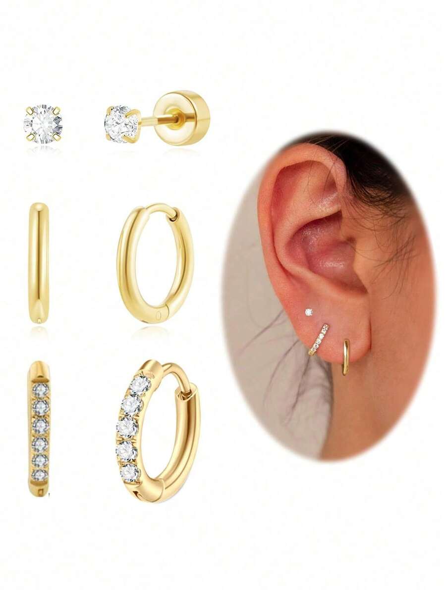 3 pares de pendientes de mujer con piedras de CZ brillantes