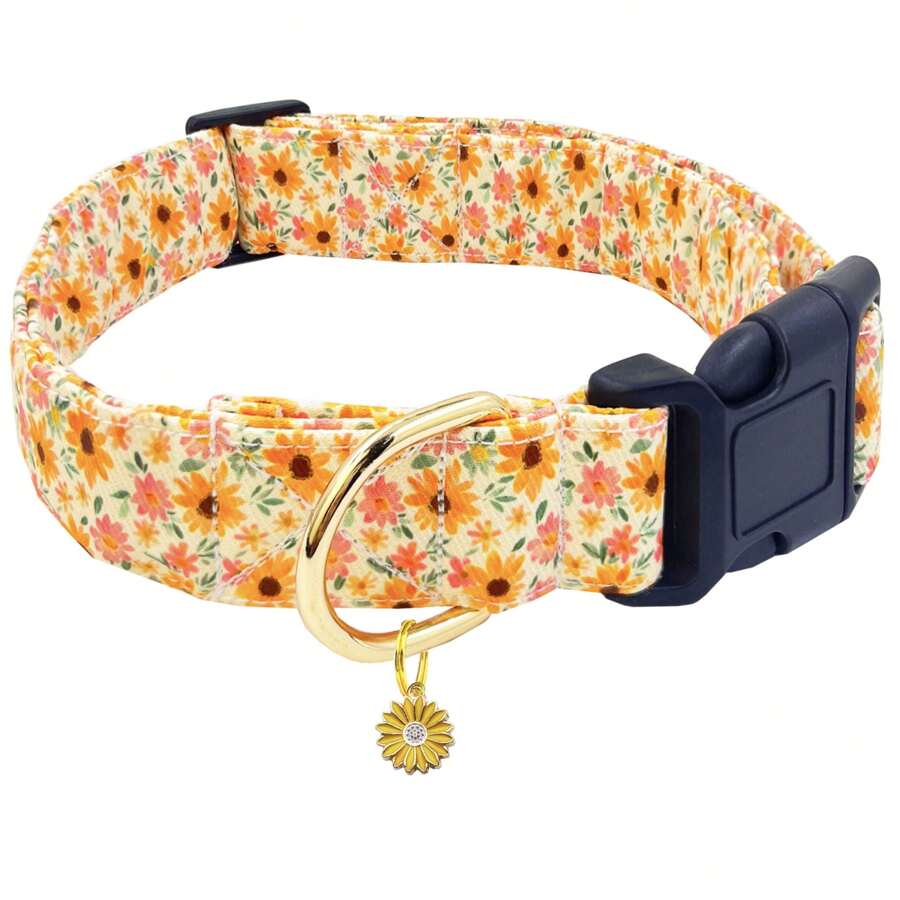 Collier de chien mignon avec charm fleur, couleurs rose, jaune, blanc. Collier de compagnie ajustable avec motif floral pour chien femelle et mâle, de petite, moyenne et grande taille